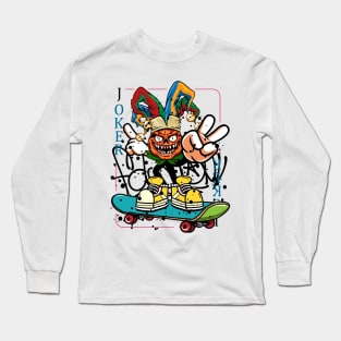 Halloween Joker Playing Card with Skateboard Graffiti Long Sleeve T-Shirt